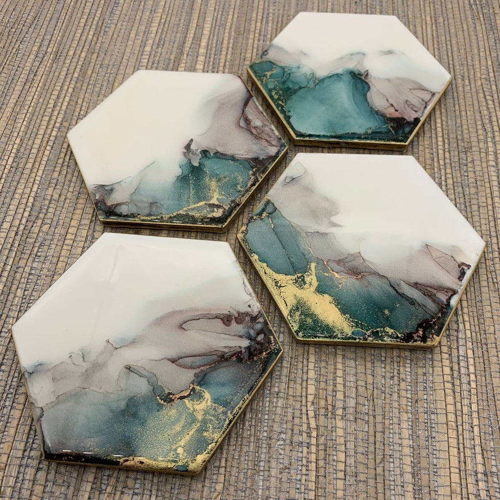 resin coaster art made with ceramic tiles, alcohol inks, and mica pigments. diy