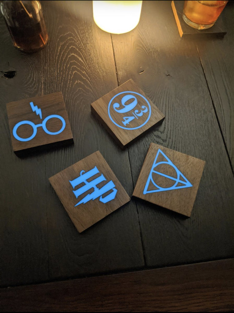 wood coasters with a glow in the dark epoxy resin inlay