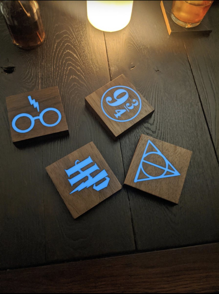 wood coasters with a glow in the dark epoxy resin inlay